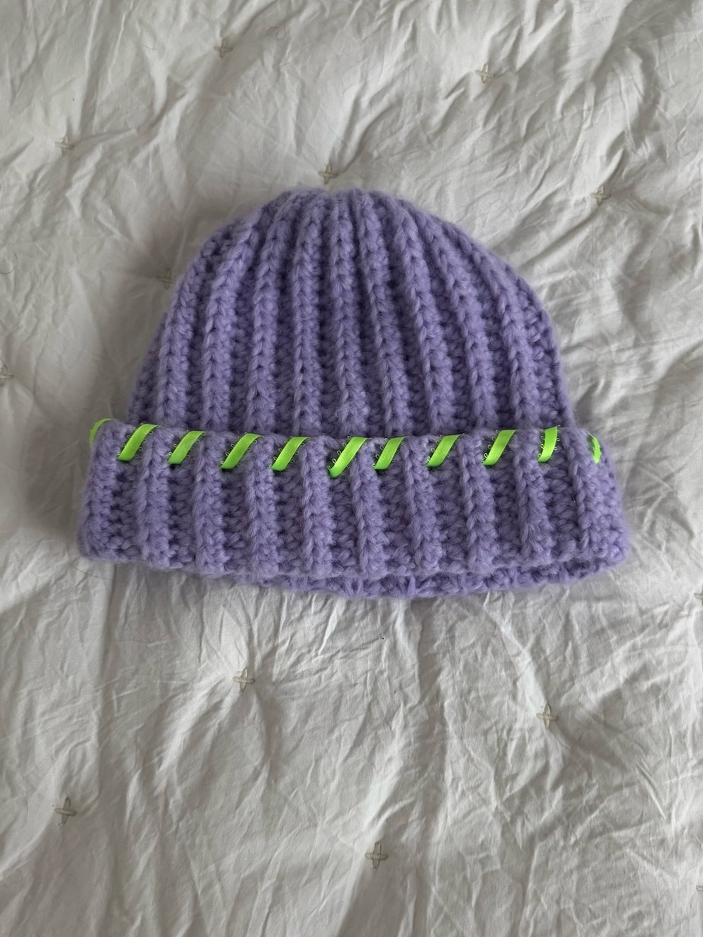 Lilac Hanade Crochet Beanie with Neon Green Accent
